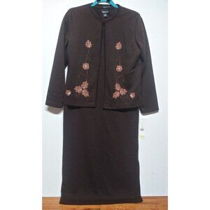 NWT Vintage Leslie Fay Sweater Dress Brown Sz PM Applique-details 2 pc knit LS